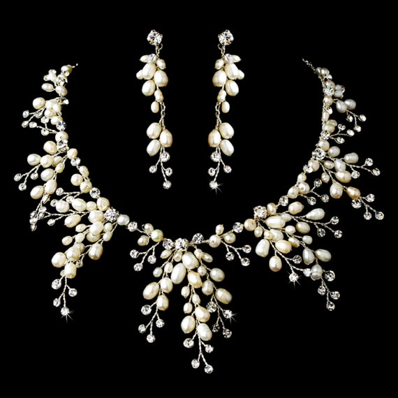 Silver Clear Crystal Ivory Freshwater Pearl Necklace Earring Set (#1 Seller)