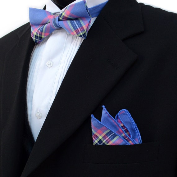 Mens Blue Plaid Cotton Bow Tie and Matching Pocket Square