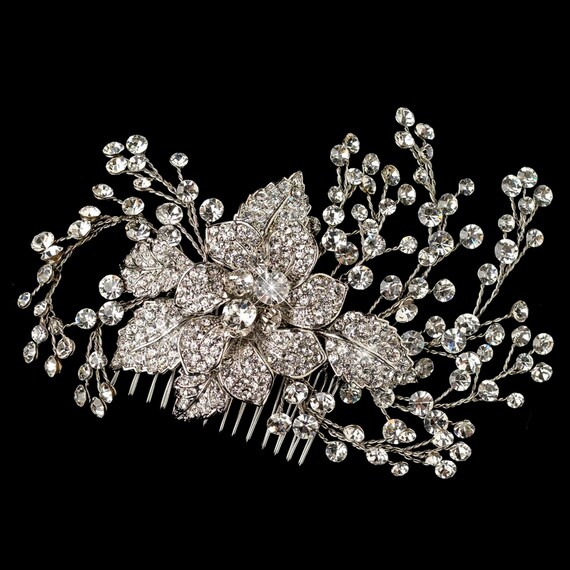 Beautiful Rhodium Clear Rhinestone Flower & Vine Couture Comb