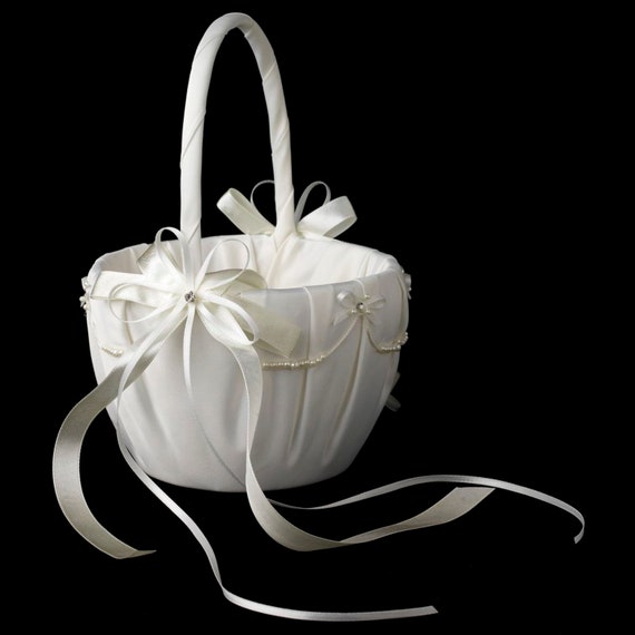 Lace Ribbon Sheer Organza Flower girl Baskets w/ Rhinestone and Pearl Accents
