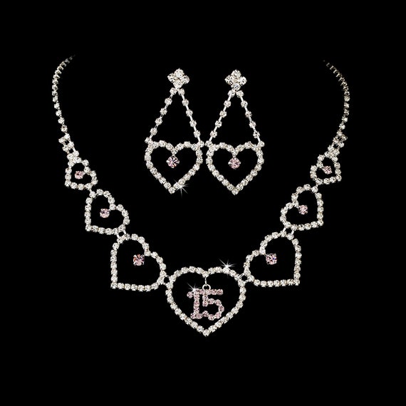 Lilac Rhinestone Sweet 15 Quinceañera Heart Necklace, Earring, Tiara Jewelry Set