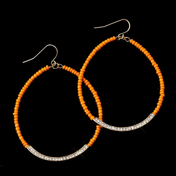 Gold Orange Bead Rhinestone Hoop Dangle Earrings