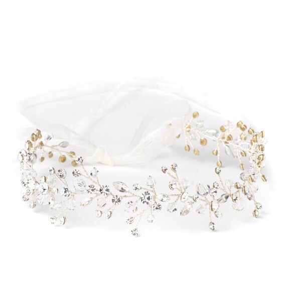 Swarovski Crystal Bead Vine Bridal Wedding Ivory Organza Ribbon Accent Headband