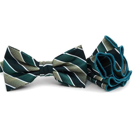 Large Striped Banded Mens Bridal Bow Tie Set