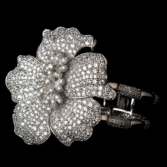 Antique Silver Rhodium Clear CZ Crystal Flower Bracelet