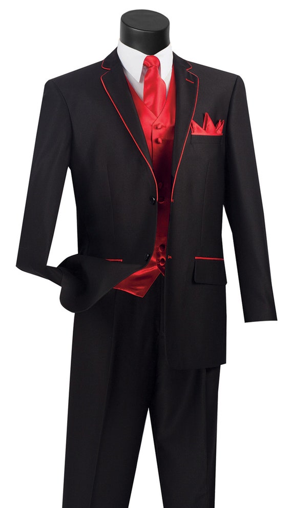 Limited Red and Black Mens Three Piece Tuxedo with Vest and Contrast trim.