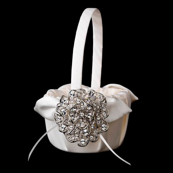 Flower Girl Basket with Antique Silver Clear AB Crystal Floral Brooch