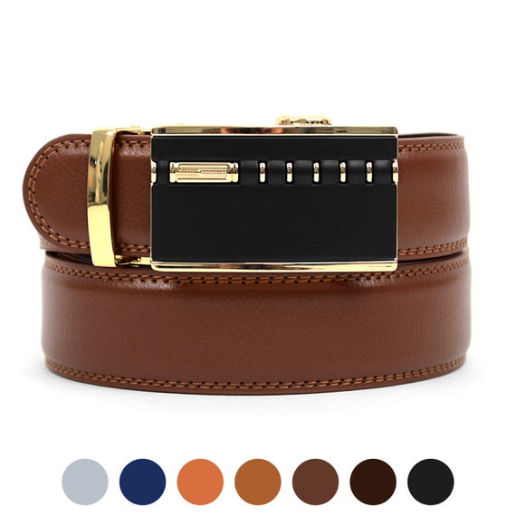 Men's Genuine Leather Sliding Golden Buckle Ratchet Belt