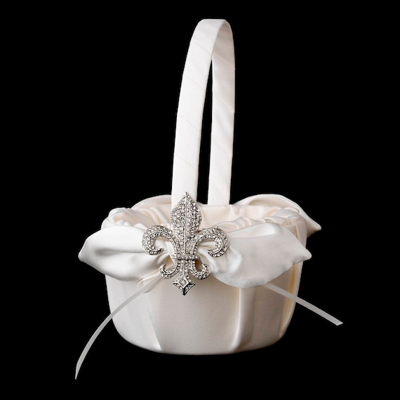 Flower Girl Basket with Silver Clear Fleur De Lis Brooch