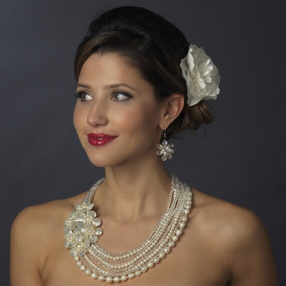 Silver Ivory Pearl & Austrian Crystal Flower Necklace Set