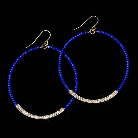 Gold Blue Bead Dangle Rhinestone Earrings
