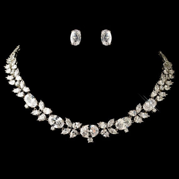 Rhodium Clear Oval & Pear Cut CZ Crystal Jewelry Set