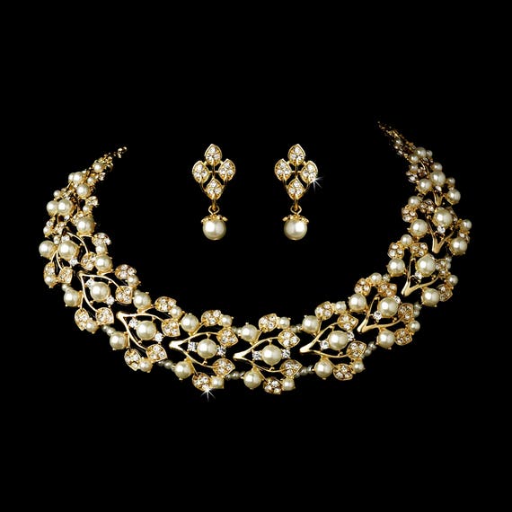Gold Ivory Pearl Necklace Earring Set