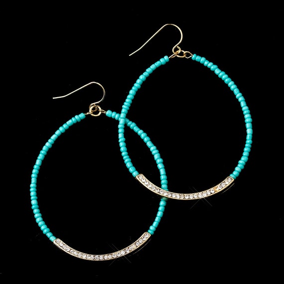 Gold Turquoise Bead Rhinestone Hoop Dangle Earrings