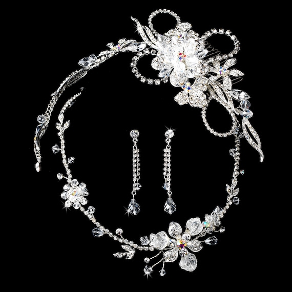 3pc Swarovski Crystal Silver Bridal Jewelry, Tiara Comb and Silver bracelet Set (Popular with Brides)