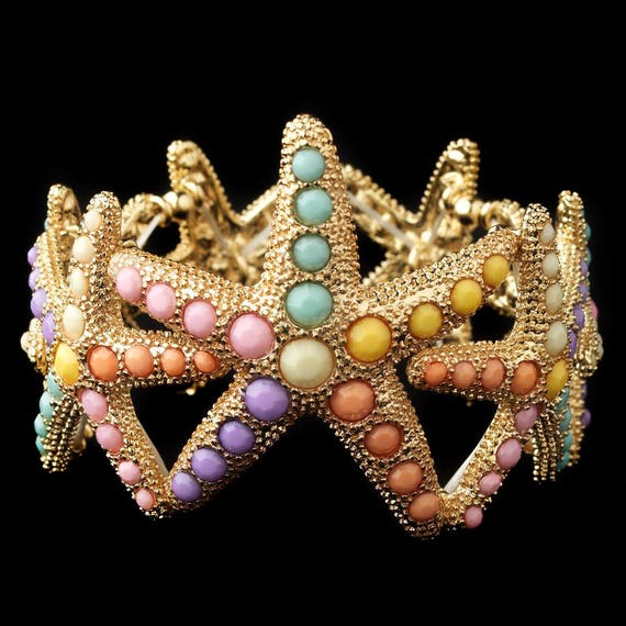 Gold Multi Colored Pearl Stretch Starfish Bracelet