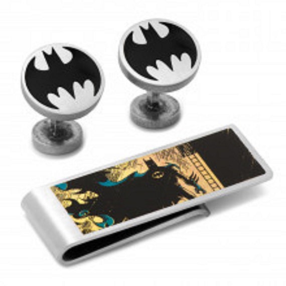 Men's and Boy's Vintage Silver Batman Cufflinks, Money Clip and Black Tie Gift Set
