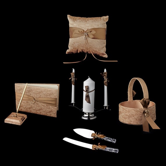 Brown Ribbon & Gold Heart Wedding Reception Set with Free Personalize Flute Glasses