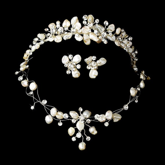 Freshwater Pearl & Crystal Bridal Jewelry Tiara Set