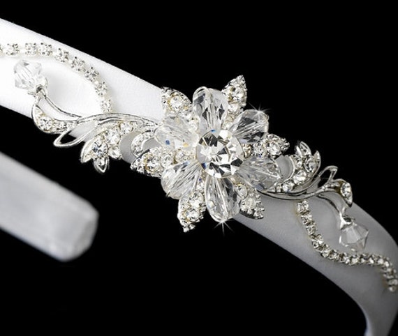 Bridal Floral Headband Swarovski Crystals Ribbon Headpiece Rhinestone Headband