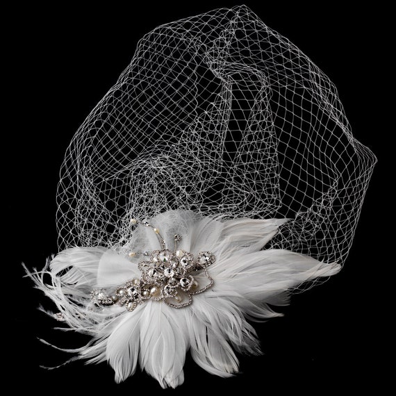 Bridal Vintage Headpiece with Bird Cage Veil Clip in White hair clip Ivory Hair Clip