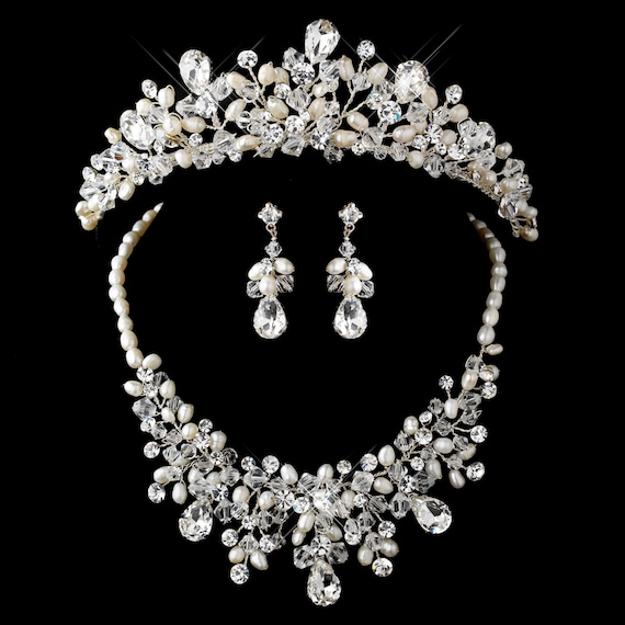 3pc Silver Freshwater Pearl Swarovski Crystal Bead Rhinestone Tiara Headpiece
