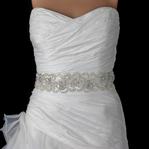 White Sheer Diamond Beaded Sequin Rhinestone Bridal Belt Wedding Sash