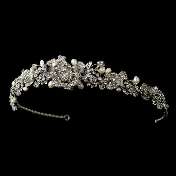 Silver Clear Antique Rhinestone & Freshwater Pearl Rose Tiara Headpiece
