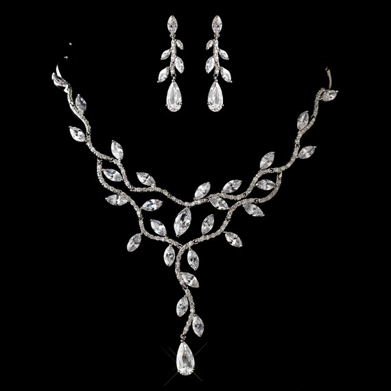 Antique Silver Clear CZ Crystal Necklace & Earrings Jewelry Set