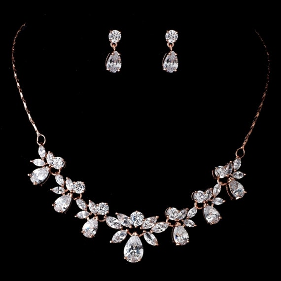 Rose Gold Clear CZ Crystal Bridal Wedding Jewelry Set