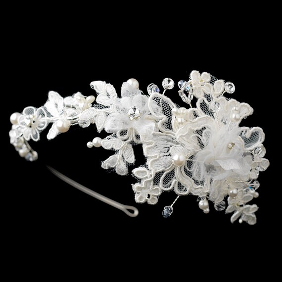 Embroidered Mesh Fabric Ivory Pearl Headband Bridal Headpiece & Earring Set