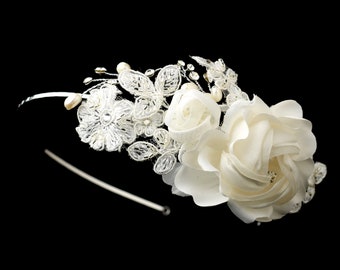 Dainty Side Accented Ivory Fabric Lace Flower Bridal Headband