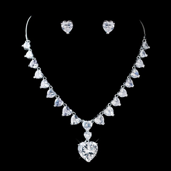 Silver Clear Rhinestone CZ Crystal Heart Necklace and Earrings Jewelry Set