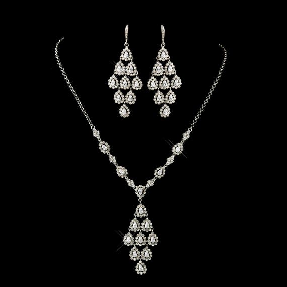 Antique Silver Clear CZ Crystal Chandelier Drop Necklace and Earrings Bridal Jewelry Set