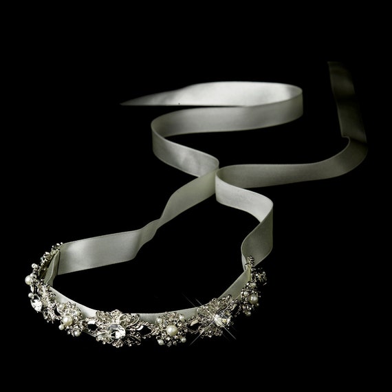 Antique Silver Crystal Ivory Pearl Bridal Ribbon Headband Wedding Headpiece