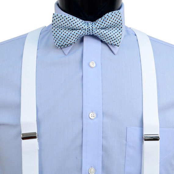 3pc Mens White Clip-on Suspenders, Dots Bow Tie and Hanky Sets