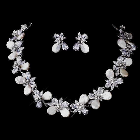 Elegant Pearl & CZ Necklace Earring Set