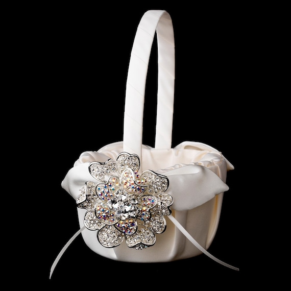 Flower Girl Basket Silver Crystal & Rhinestone Floral Brooch