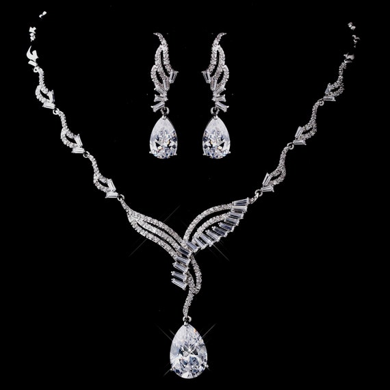 Silver Clear CZ Necklace & Bracelet and Earring Set