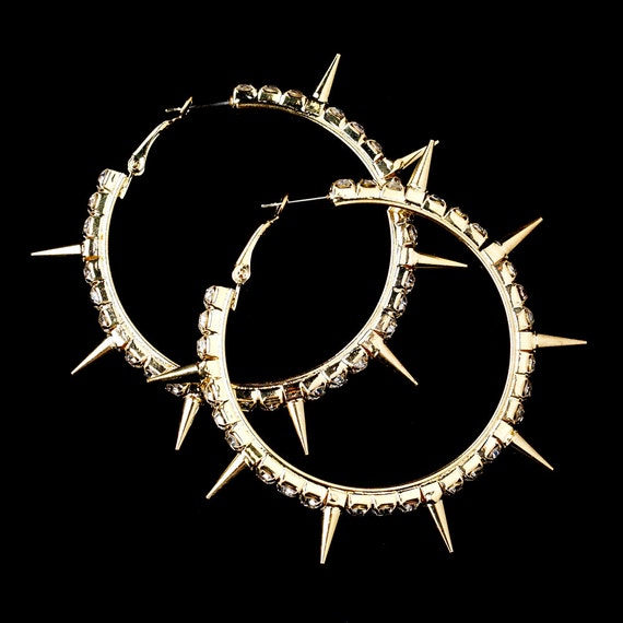 Limited Antique Gold Clear Rhinestone Hoop Spike Earrings