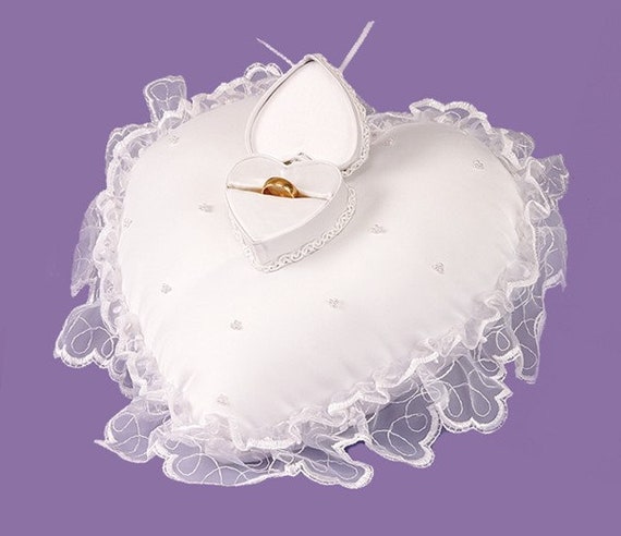 Heart Bridal Ring Bearer Pillow with Ring Box W/FREE White Fingerless Satin Gloves