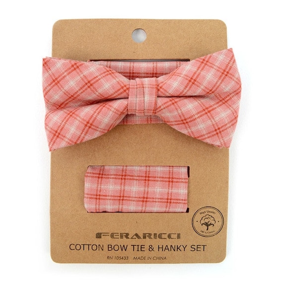 Men's Coral Plaid Cotton Wedding Bow Tie Set