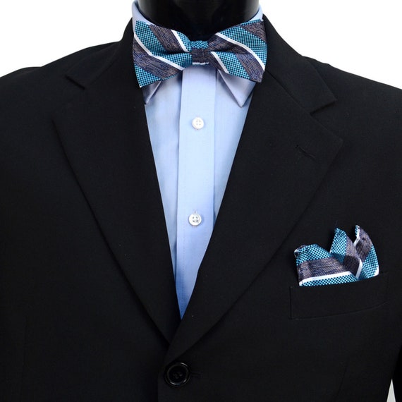 3pc Mens Turquoise Clip-on Suspenders, Striped Bow Tie and Hanky Sets