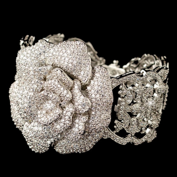 Rhodium Clear Pave Rose CZ Crystal Bangle Bracelet