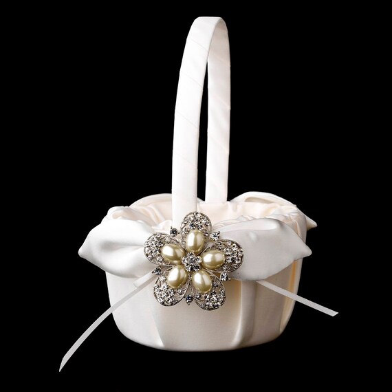 Flower Girl Basket with Antique Silver Floral Star Pearl Brooch