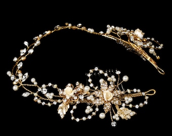 Bridal Crystal Pearl Headband Vintage Golden Halo Bridal Headpiece & Earring Set