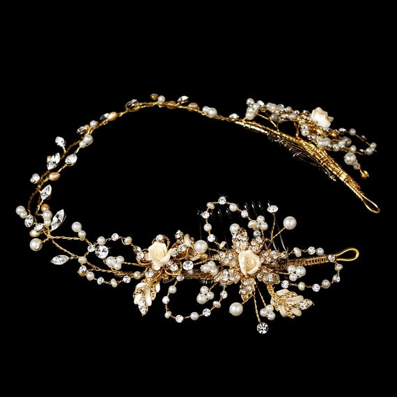 Bridal Crystal Pearl Headband Vintage Golden Halo Bridal Headpiece & Earring Set