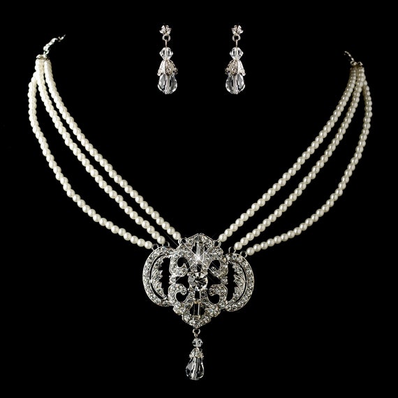 Silver Ivory Pearl Rhinestone Necklace & Earrings Jewelry Set