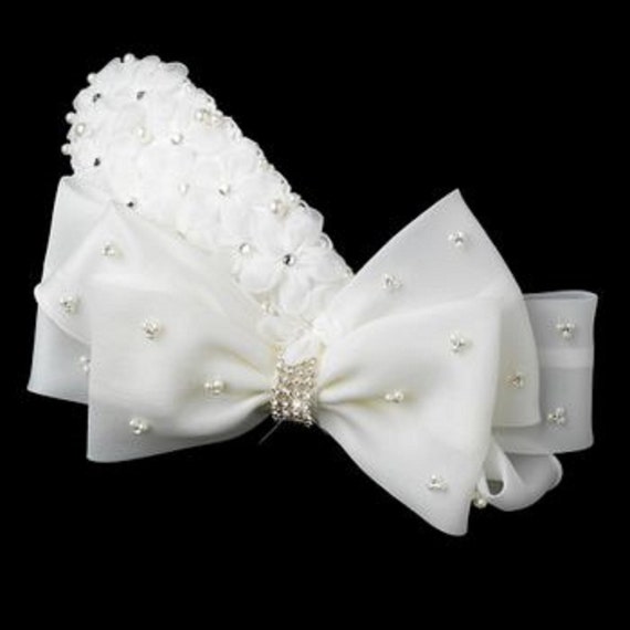 Silver Ivory Pearl & Rhinestone Accented Bow Hair Clip