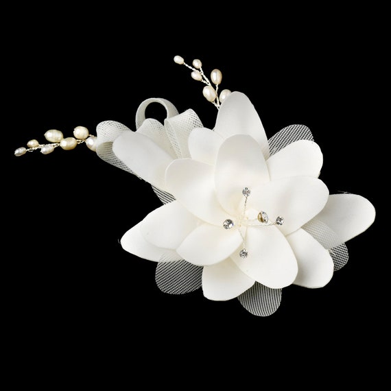 Silver Ivory Matt Satin Rhinestone & Freshwater Pearl Flower Hair Comb